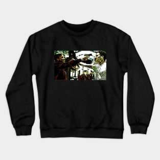 Denver and Auturo face each other and hold the pistols to their heads as comic graphic (vers. 2) Crewneck Sweatshirt